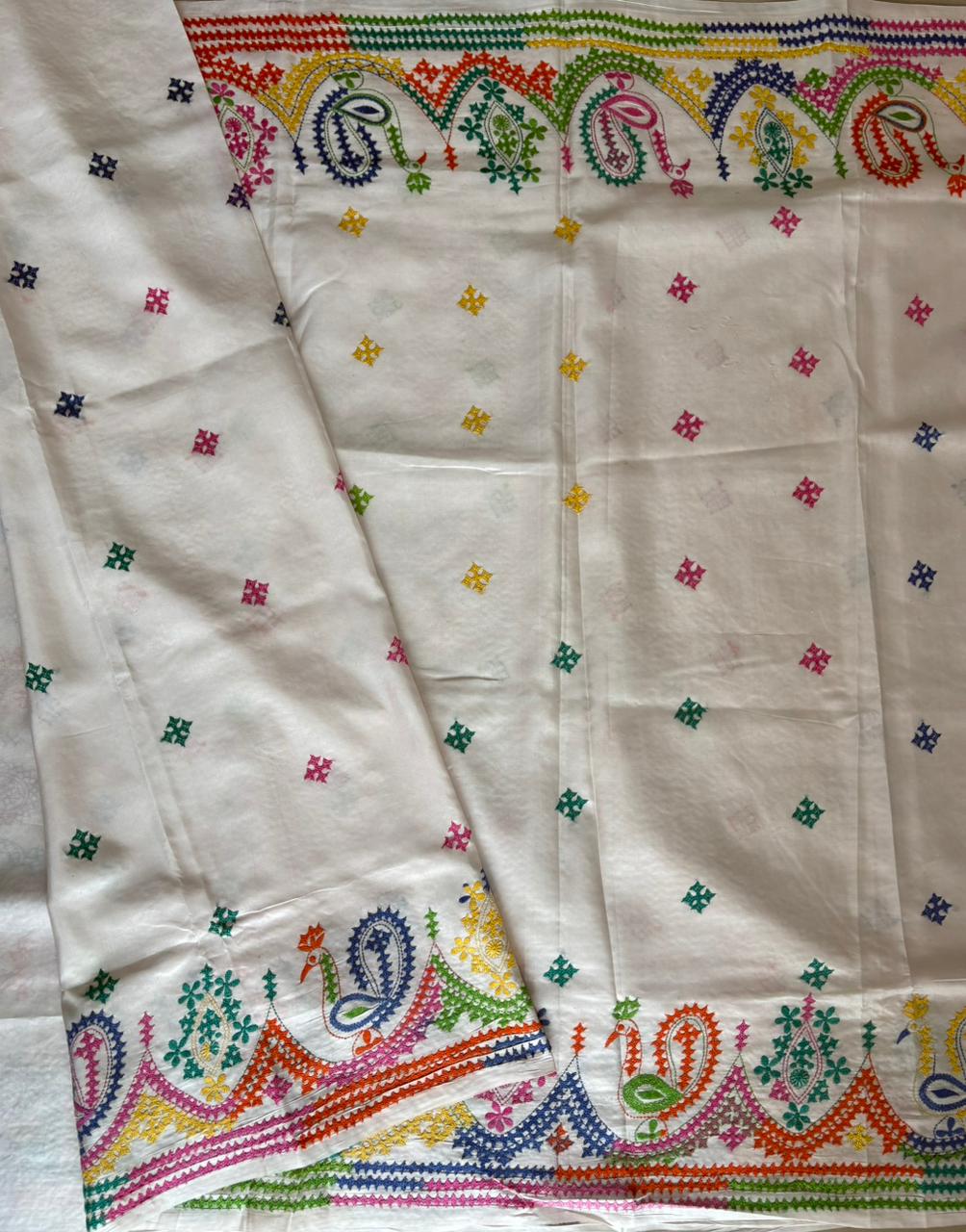 Gujrati Stitch/Kutch Hand Embroidered Art Silk Saree