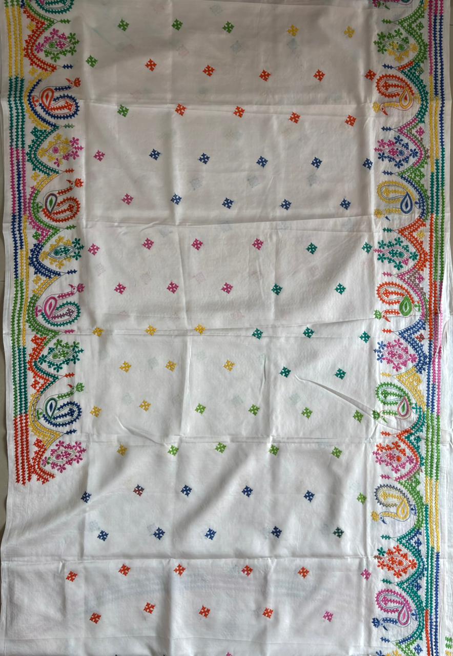 Gujrati Stitch/Kutch Hand Embroidered Art Silk Saree