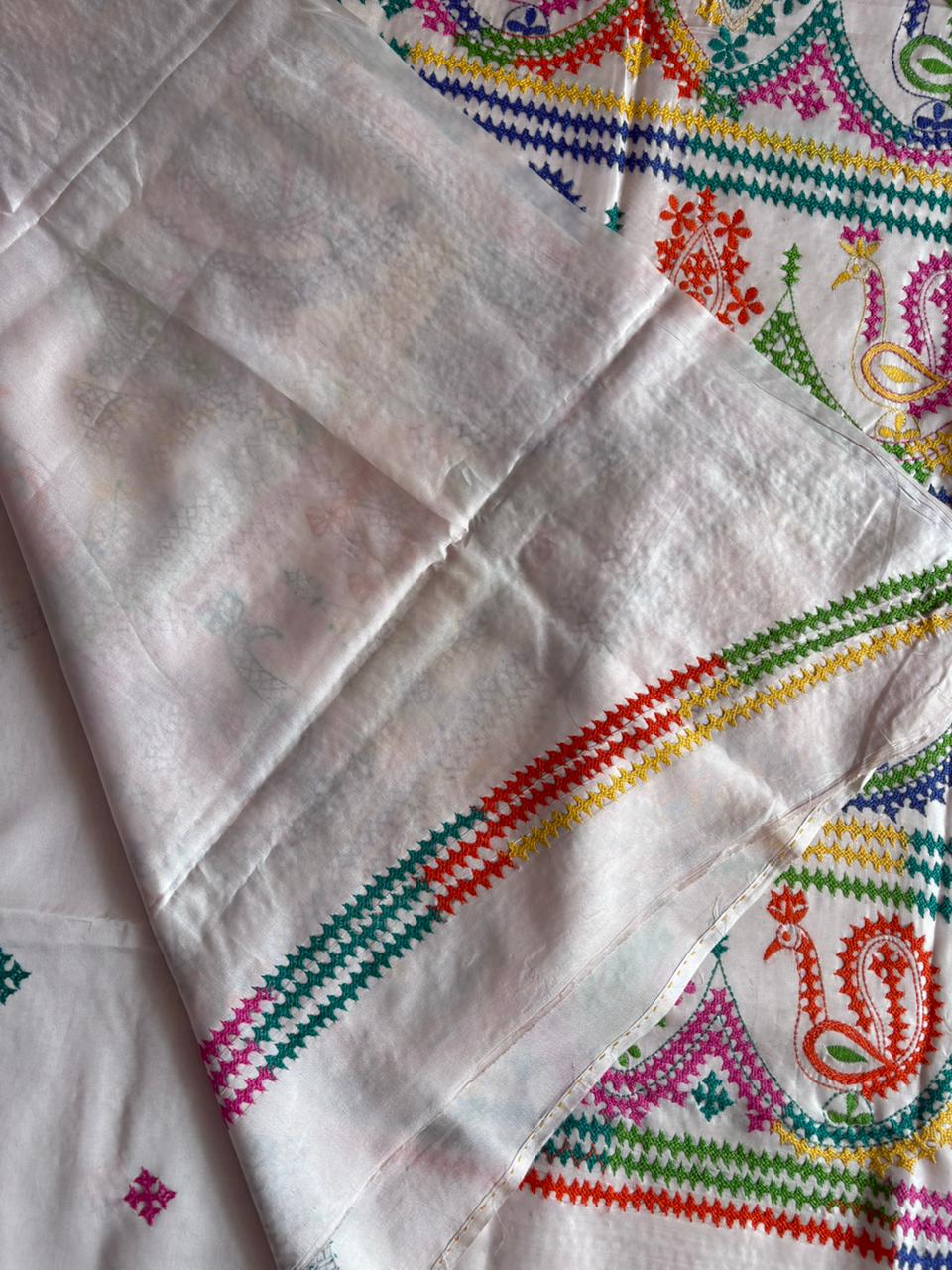 Gujrati Stitch/Kutch Hand Embroidered Art Silk Saree