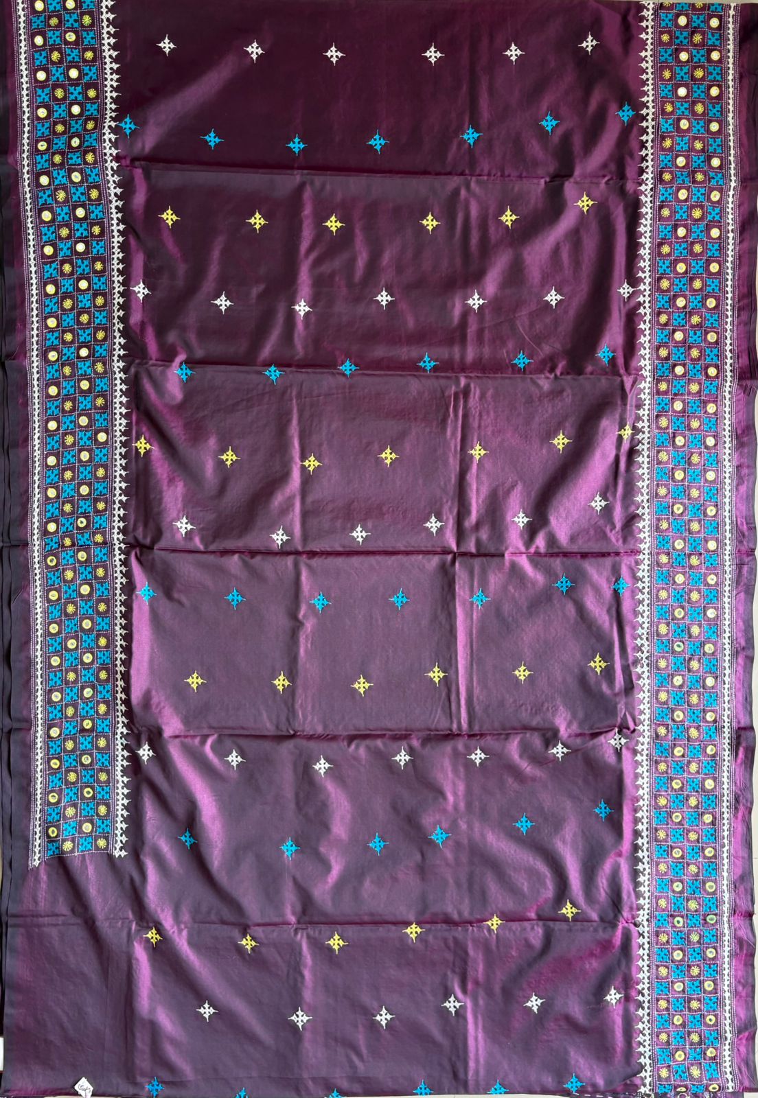Gujrati Stitch/Kutch Hand Embroidered Art Silk Saree