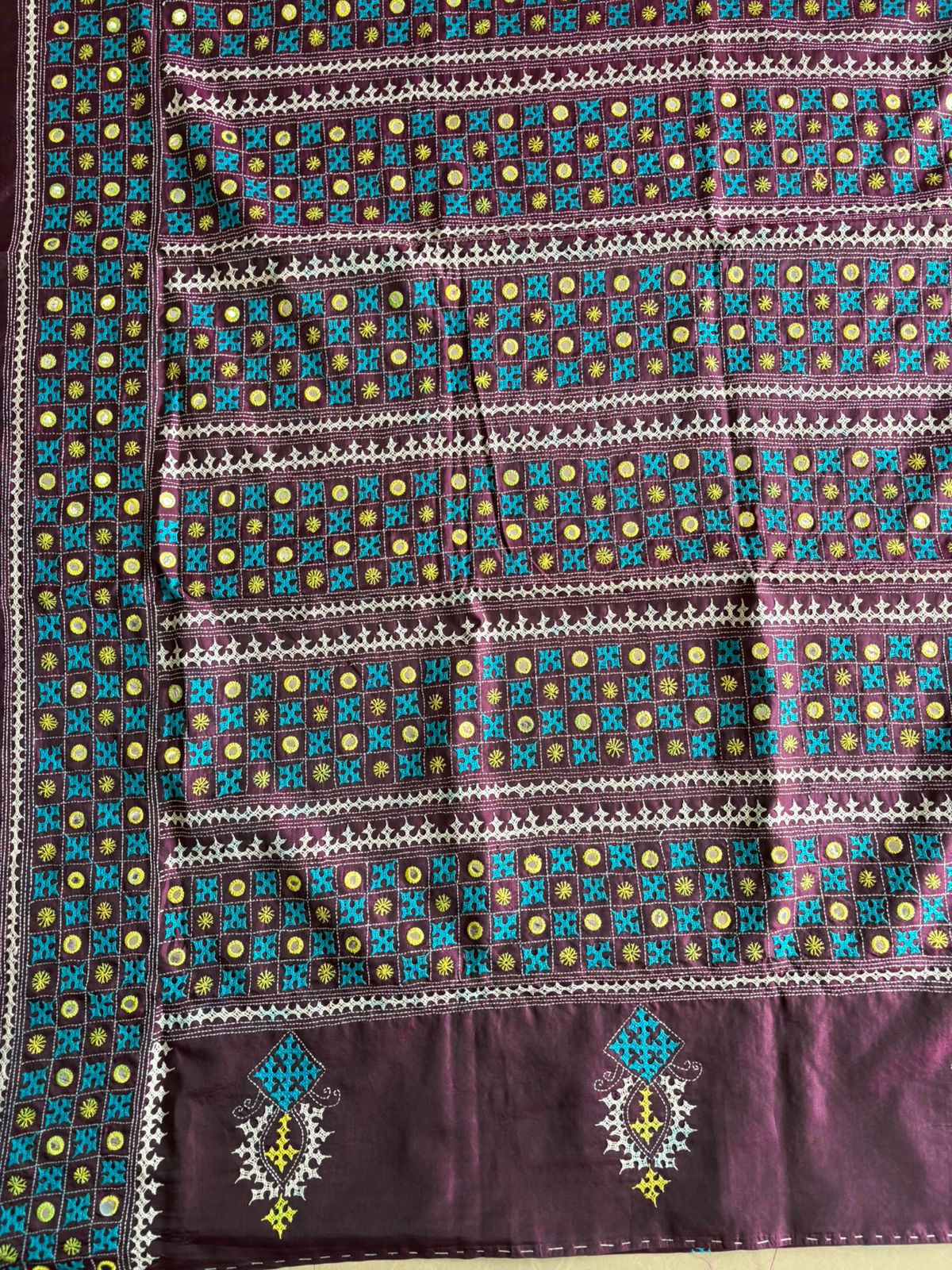Gujrati Stitch/Kutch Hand Embroidered Art Silk Saree