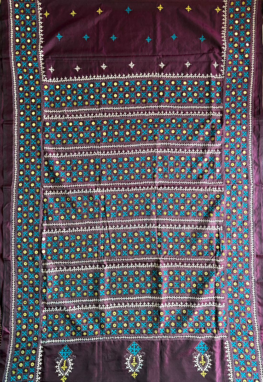 Gujrati Stitch/Kutch Hand Embroidered Art Silk Saree