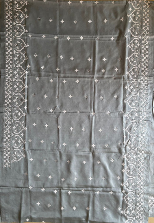 Kutchi/Gujarati Hand Embroidered Saree | Blended Bangalore Silk / Art Silk | Silver