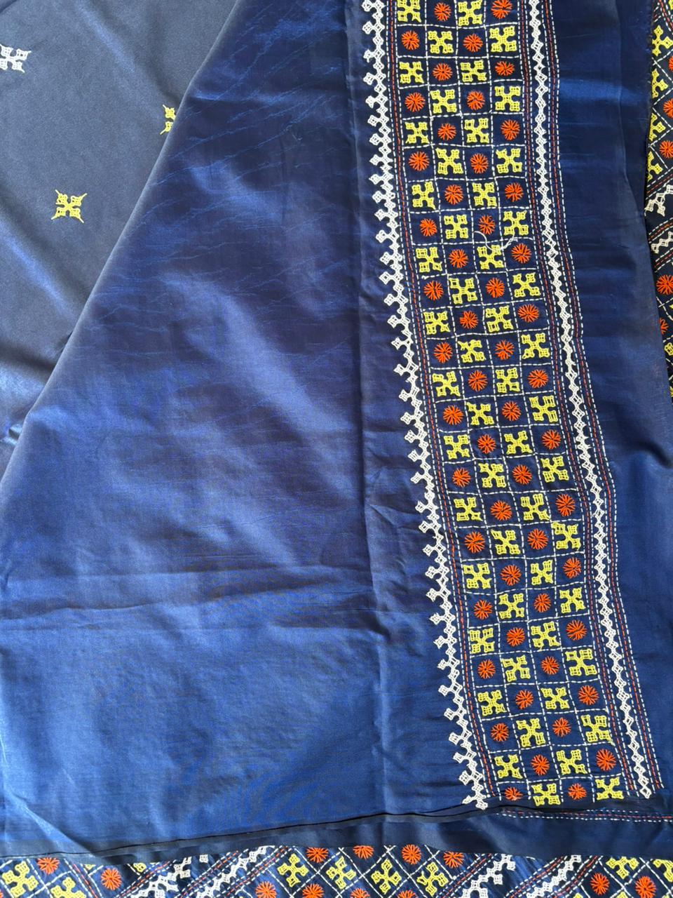Gujrati Stitch/Kutch Hand Embroidered Art Silk Saree