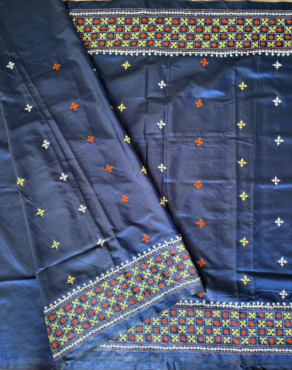 Gujrati Stitch/Kutch Hand Embroidered Art Silk Saree