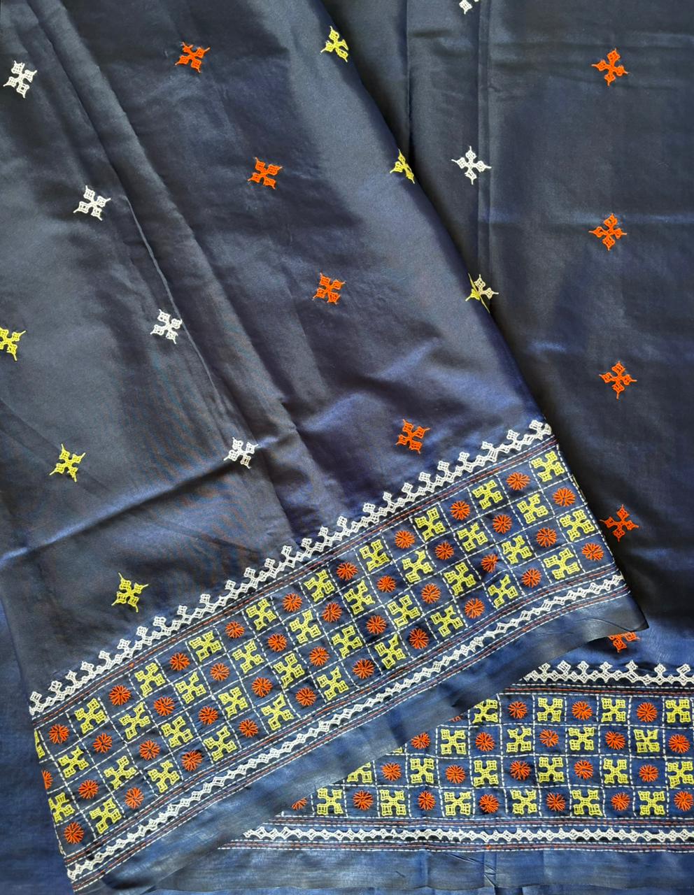 Gujrati Stitch/Kutch Hand Embroidered Art Silk Saree