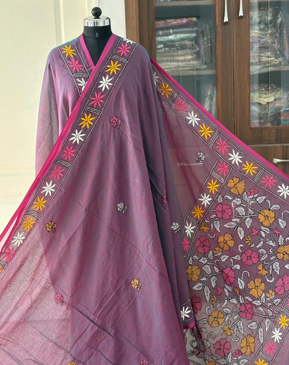 Kantha stitch Hand Embroidered Pure mul Cotton Saree
