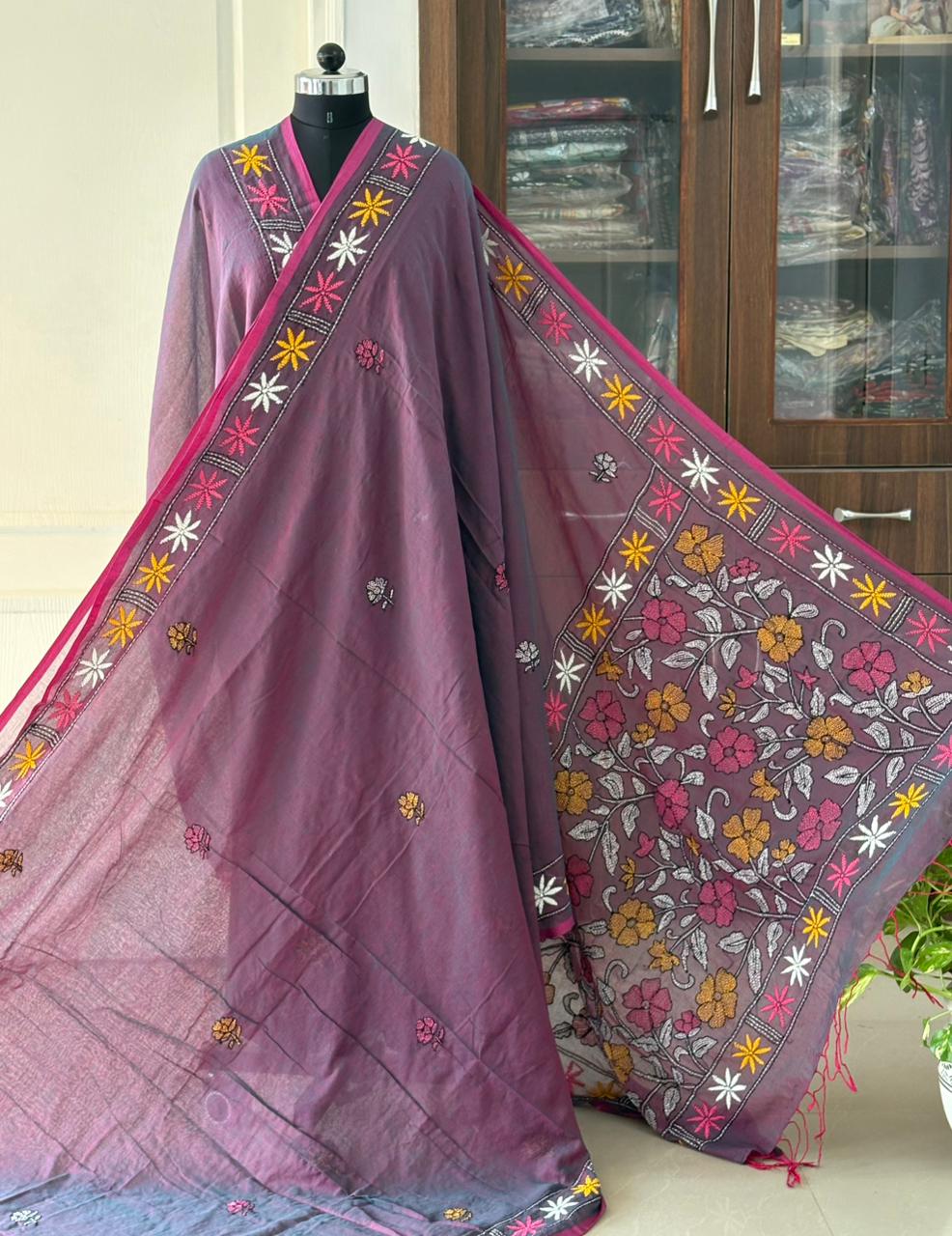 Kantha stitch Hand Embroidered Pure mul Cotton Saree