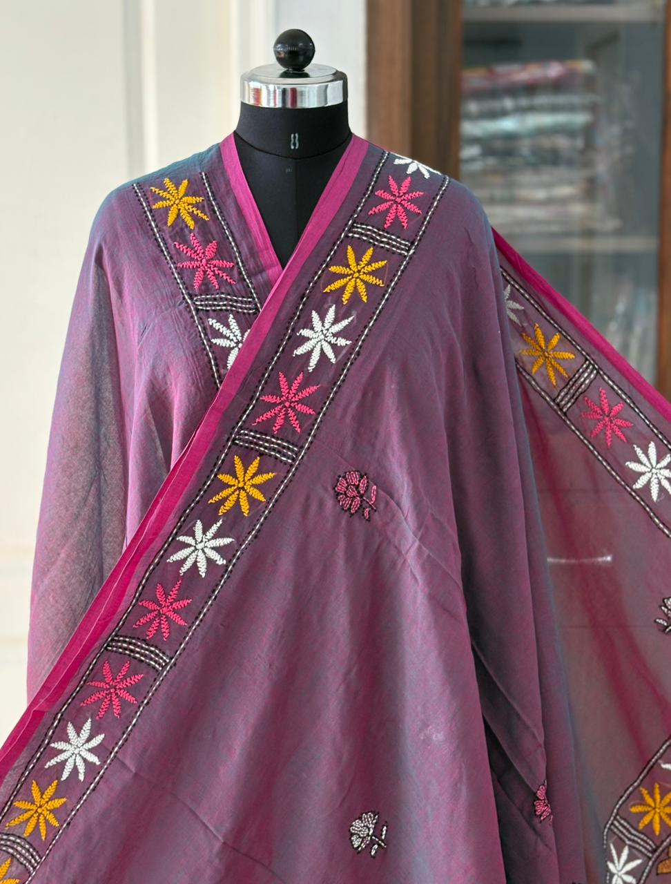Kantha stitch Hand Embroidered Pure mul Cotton Saree