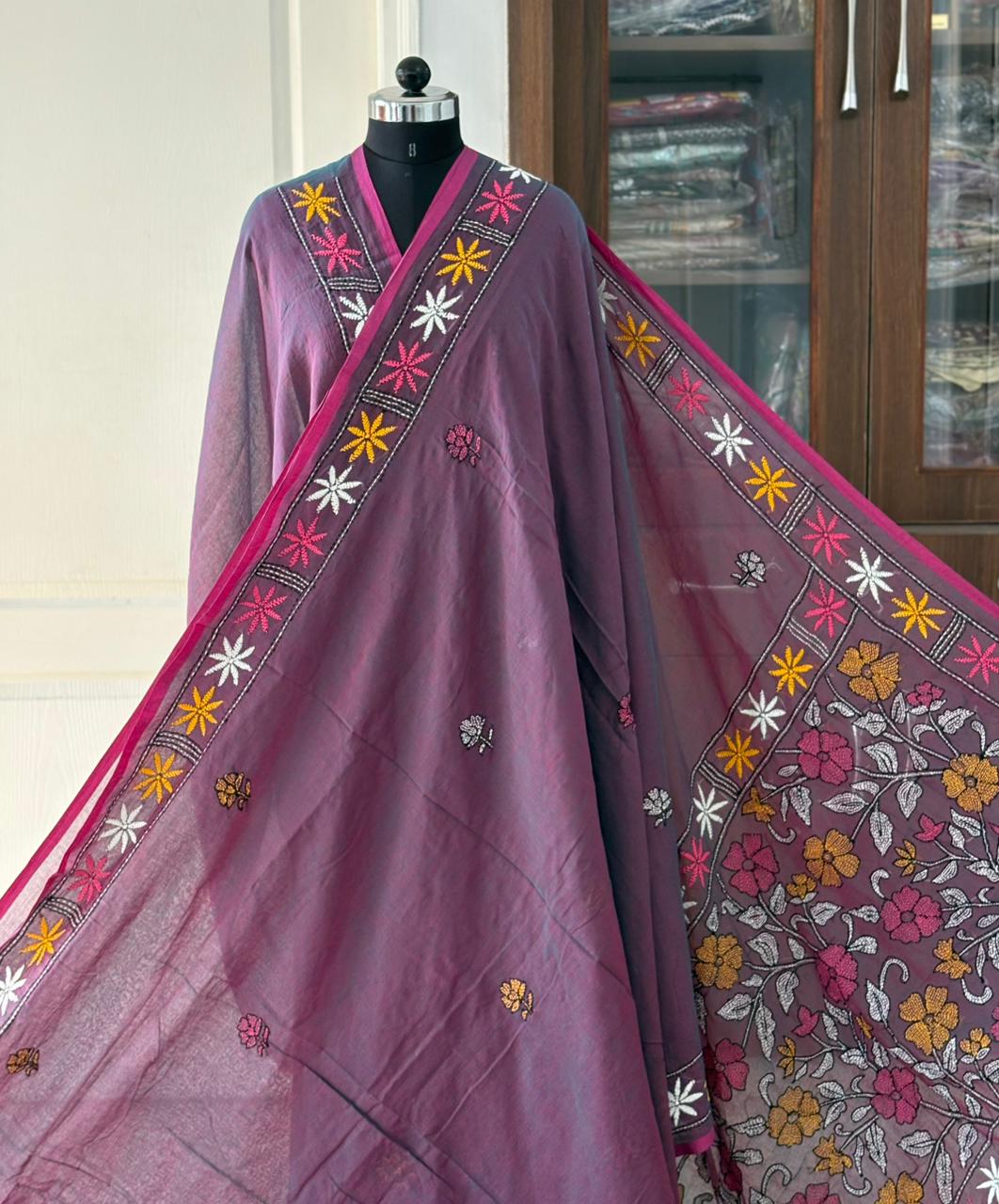Kantha stitch Hand Embroidered Pure mul Cotton Saree