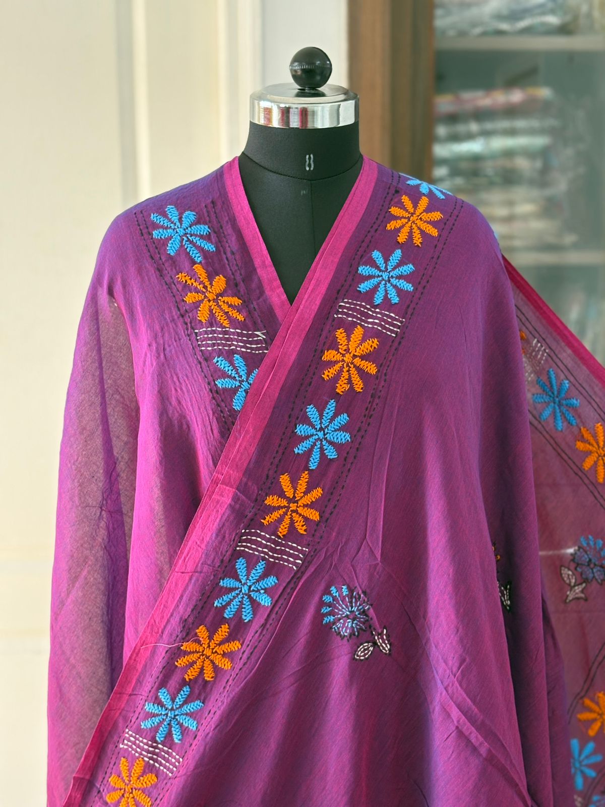 Kantha stitch Hand Embroidered Pure mul Cotton Saree