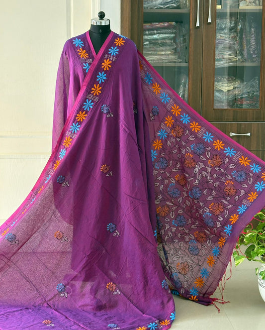 Kantha stitch Hand Embroidered Pure mul Cotton Saree