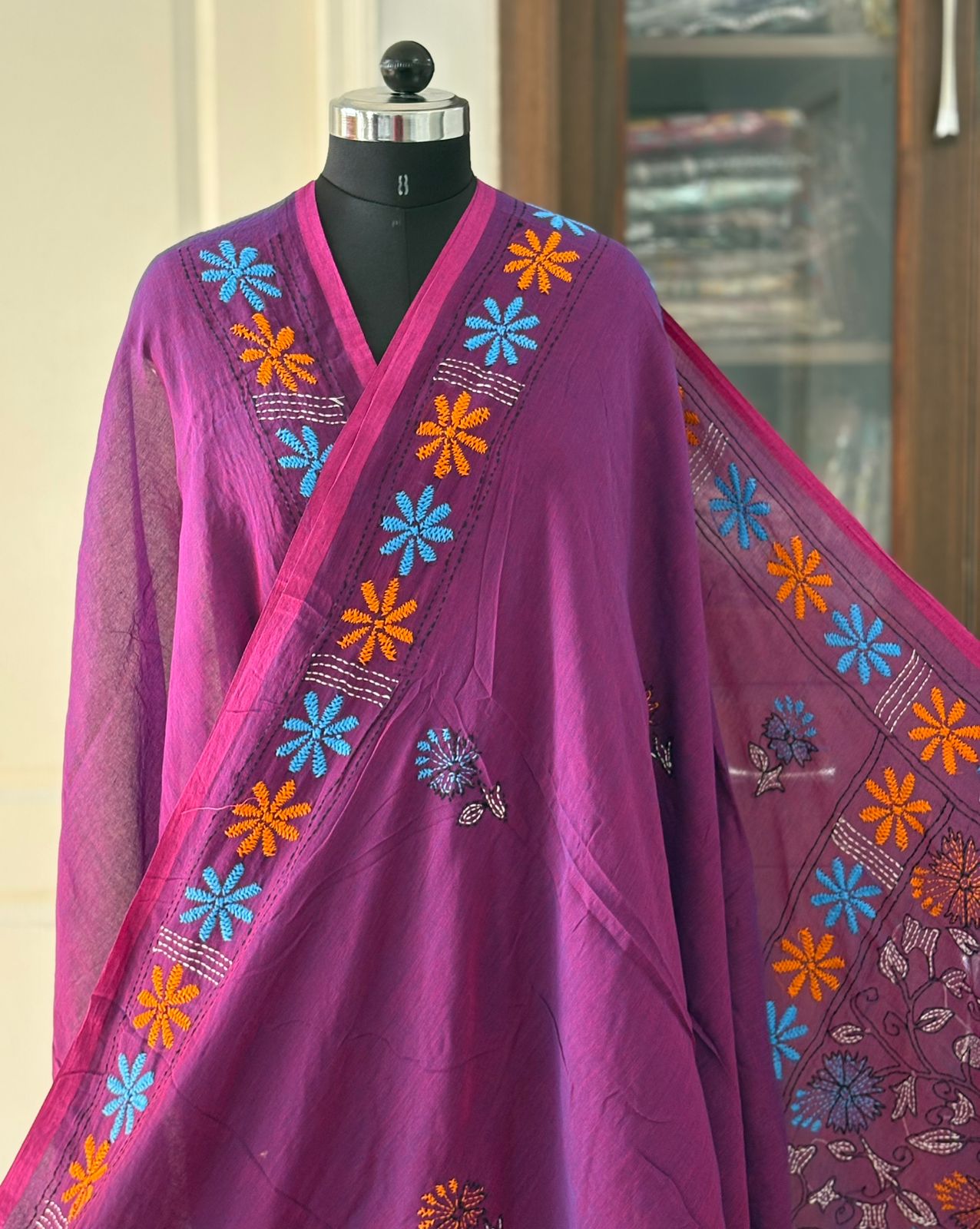 Kantha stitch Hand Embroidered Pure mul Cotton Saree