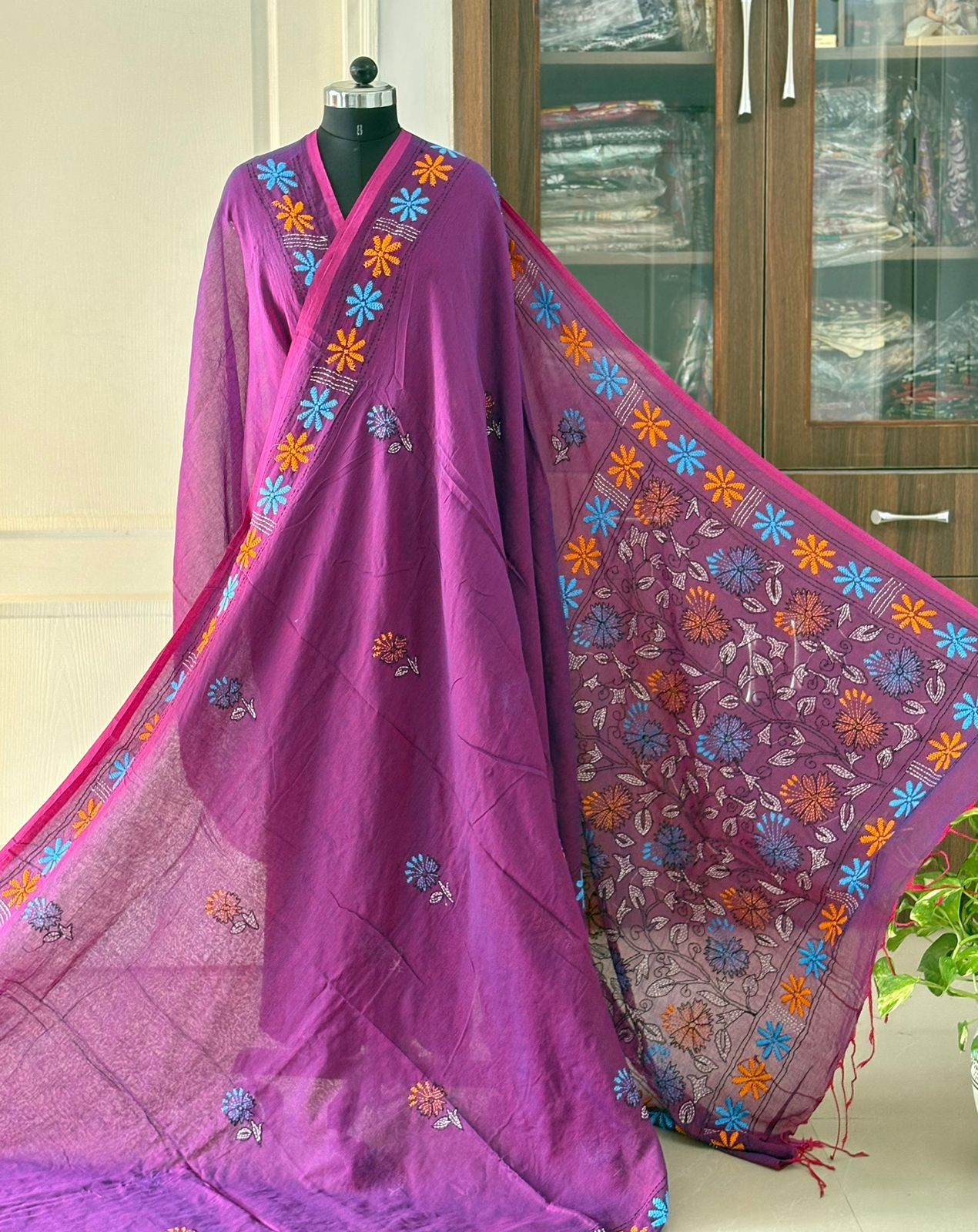 Kantha stitch Hand Embroidered Pure mul Cotton Saree