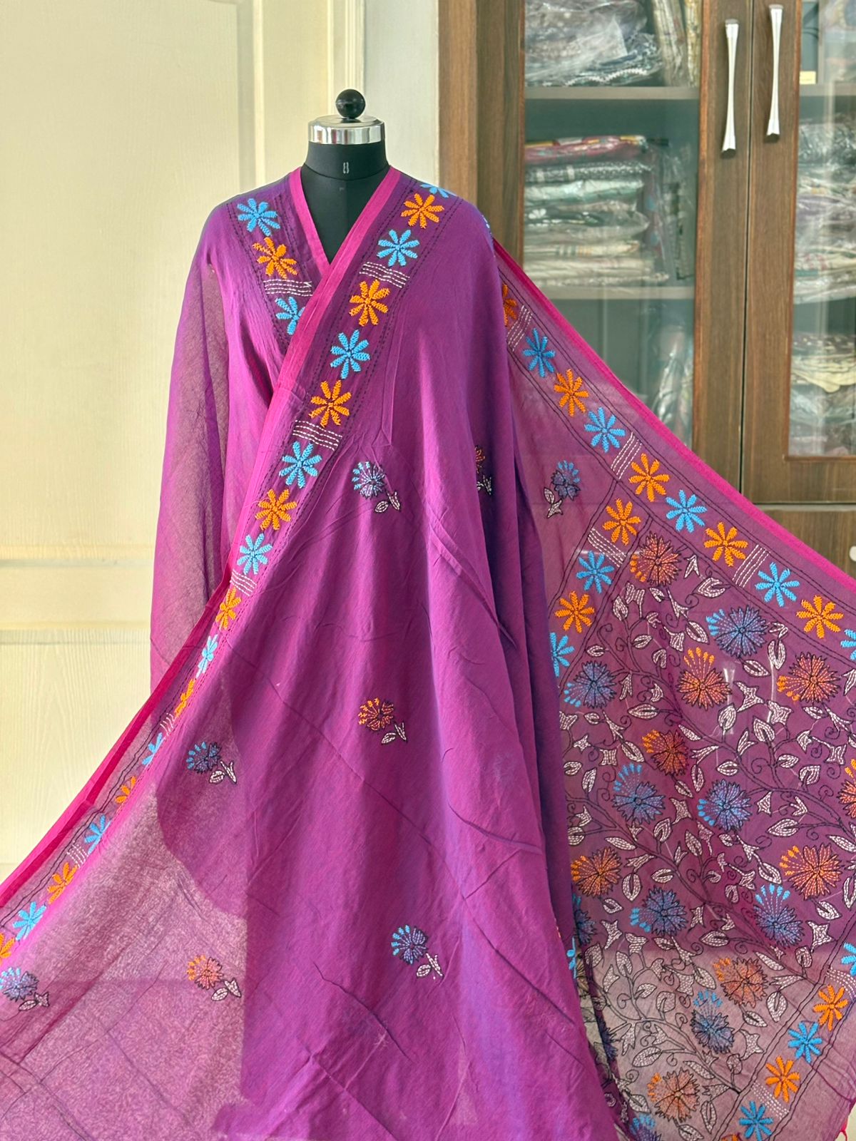 Kantha stitch Hand Embroidered Pure mul Cotton Saree