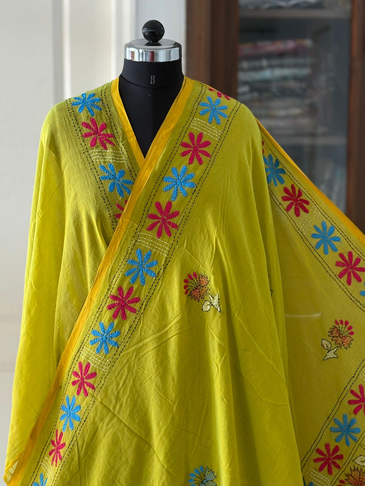 Kantha stitch Hand Embroidered Pure mul Cotton Saree