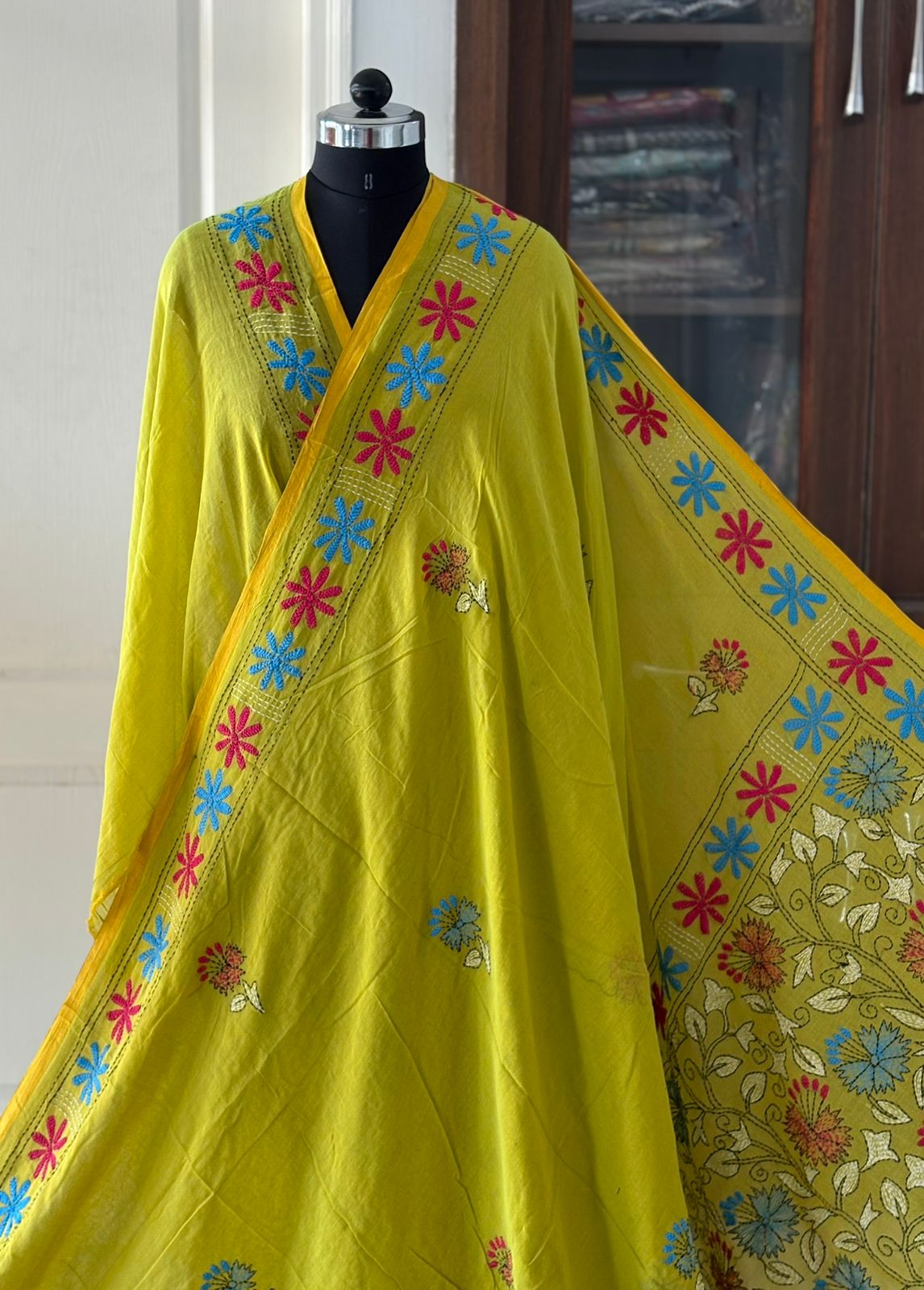 Kantha stitch Hand Embroidered Pure mul Cotton Saree