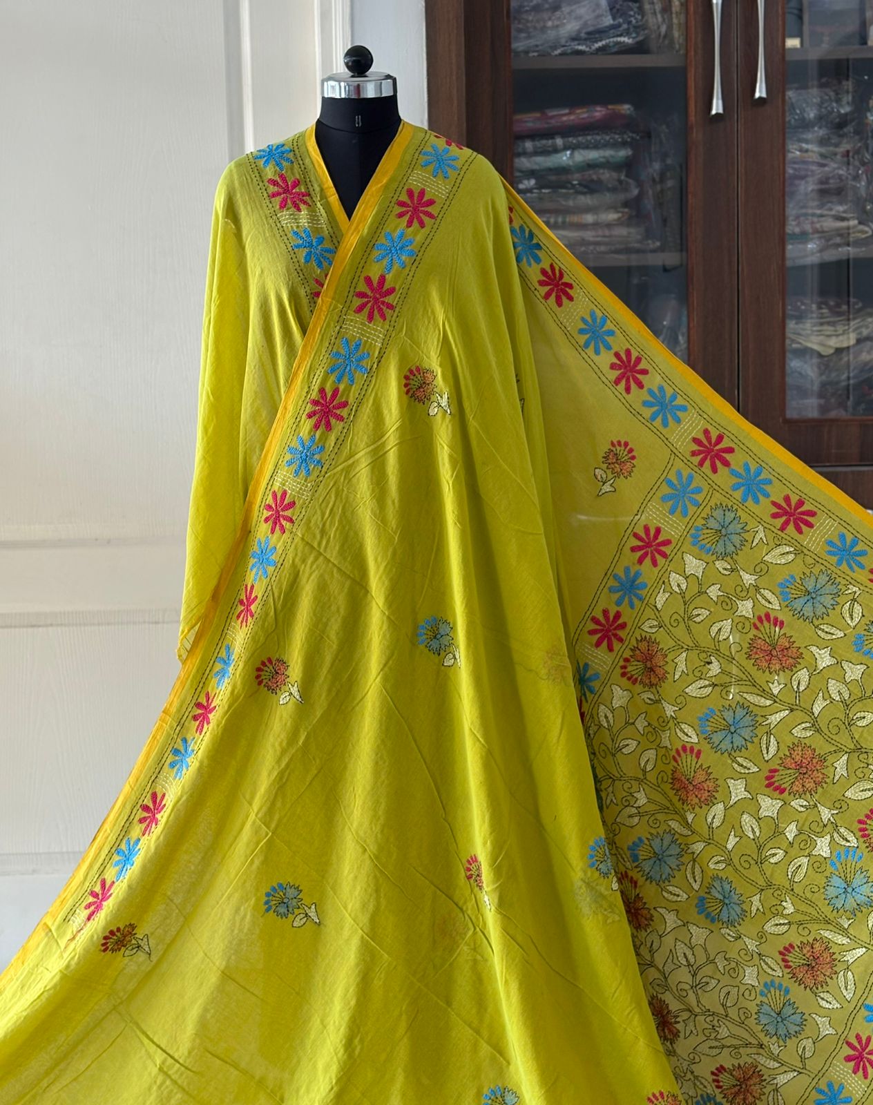 Kantha stitch Hand Embroidered Pure mul Cotton Saree