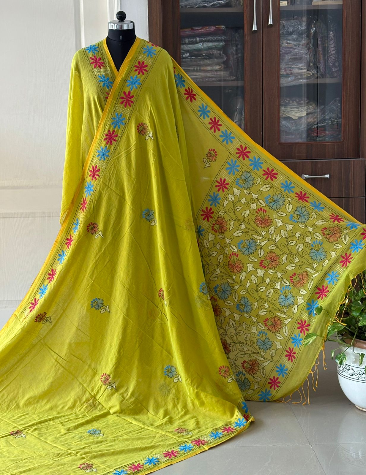 Kantha stitch Hand Embroidered Pure mul Cotton Saree