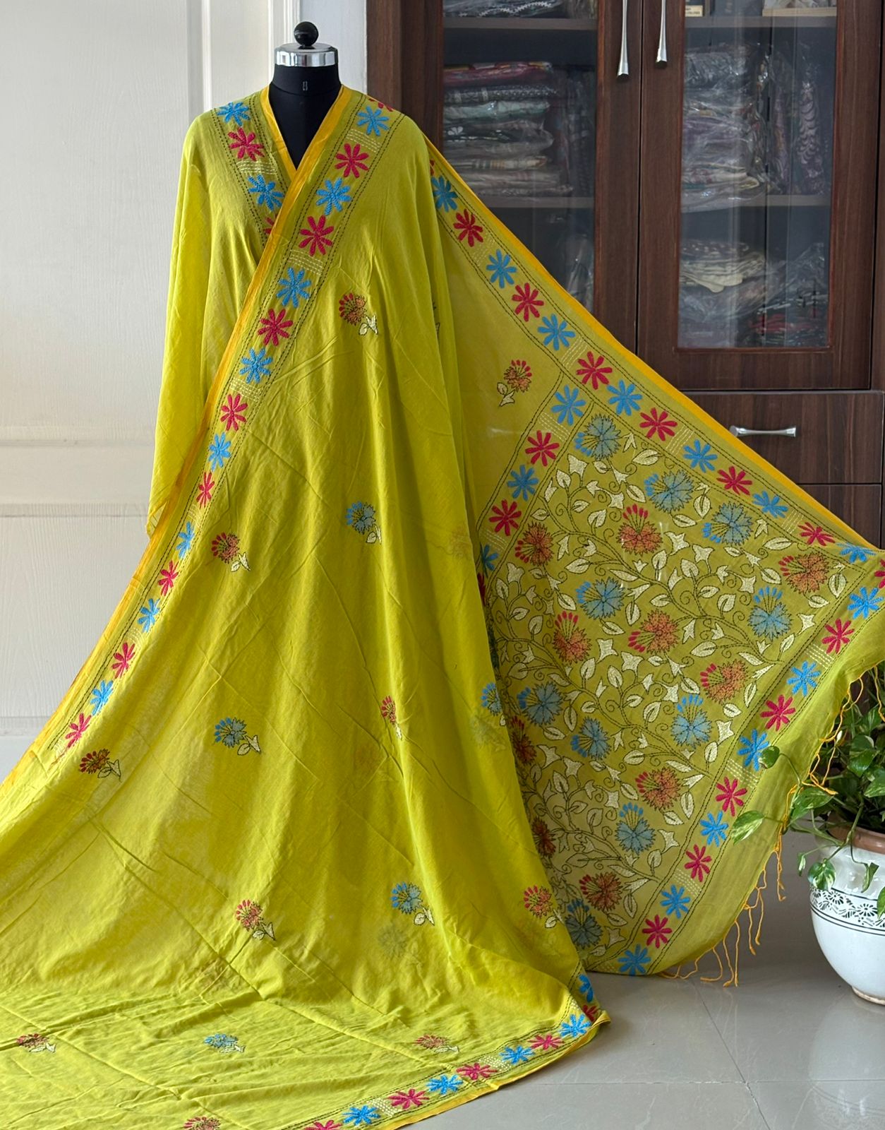 Kantha stitch Hand Embroidered Pure mul Cotton Saree