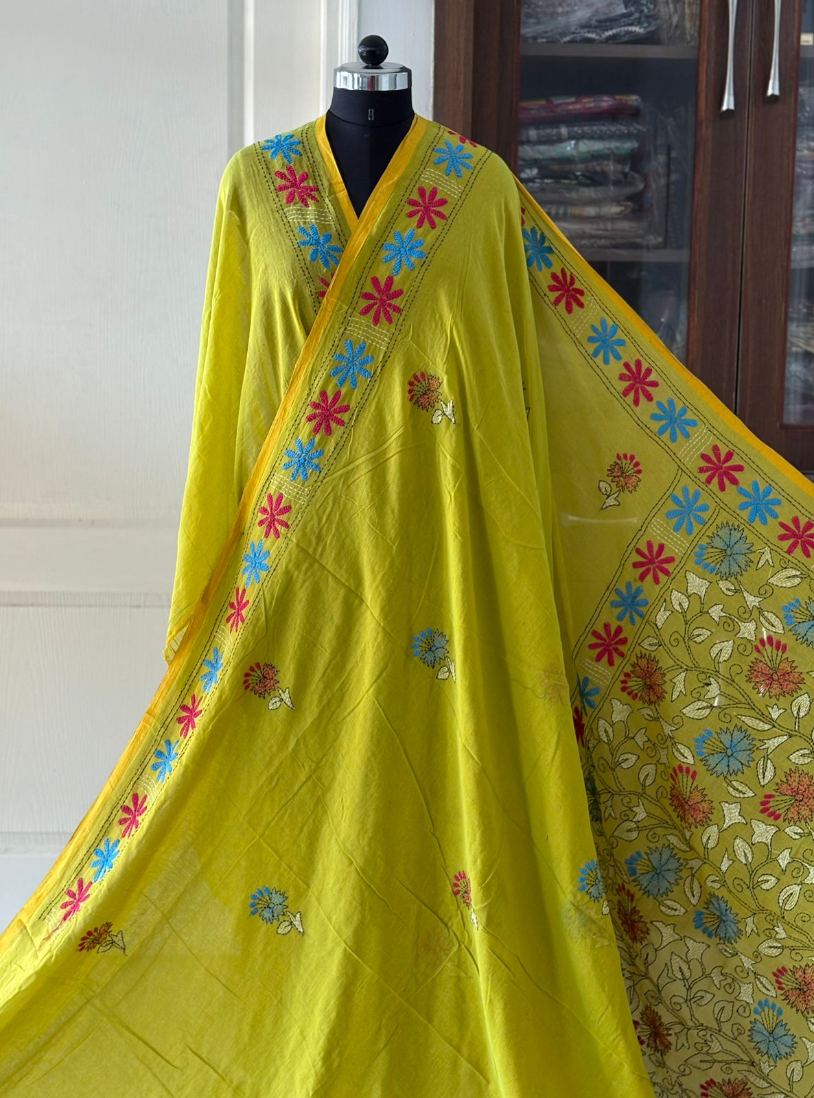 Kantha stitch Hand Embroidered Pure mul Cotton Saree