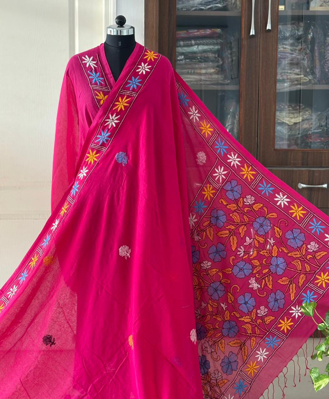 Kantha stitch Hand Embroidered Pure mul Cotton Saree