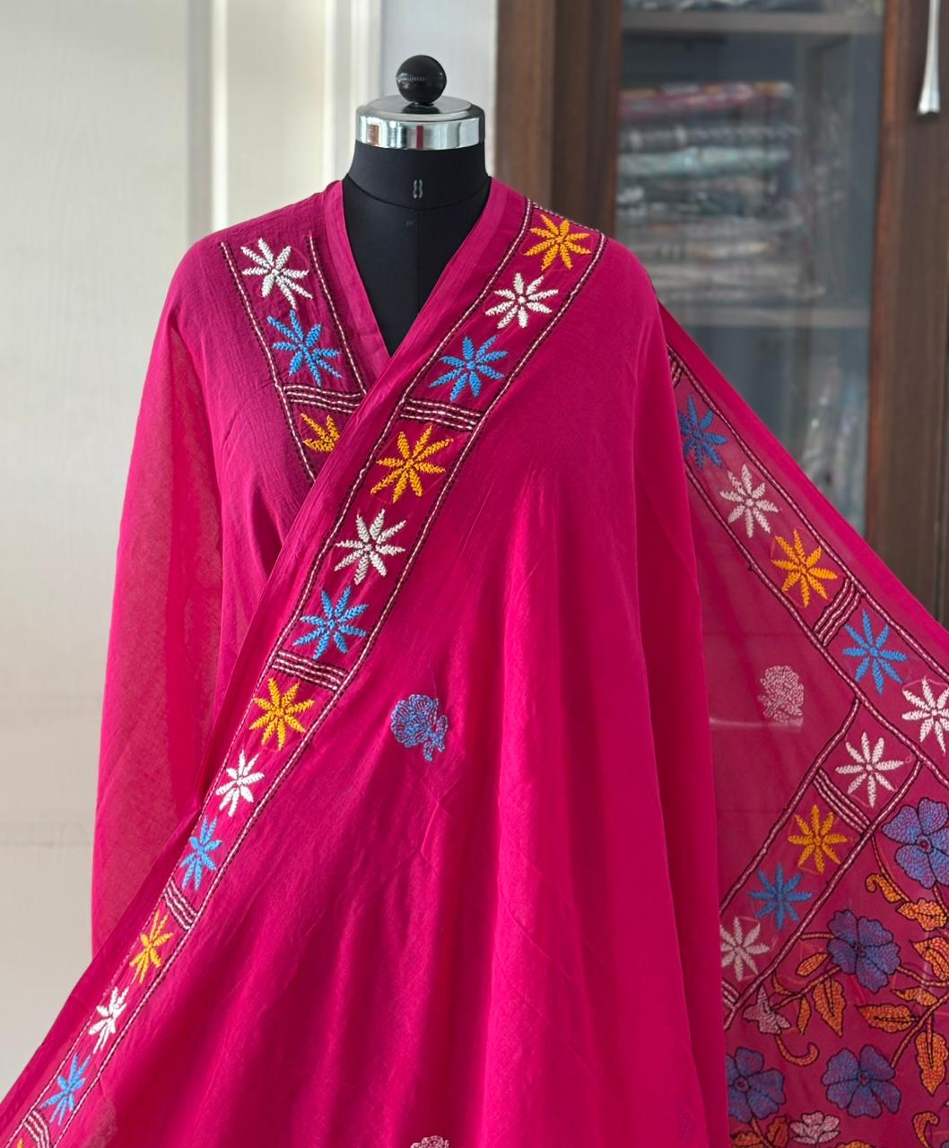 Kantha stitch Hand Embroidered Pure mul Cotton Saree