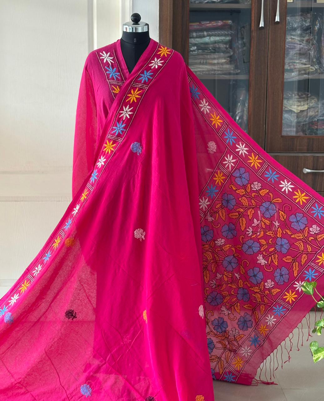 Kantha stitch Hand Embroidered Pure mul Cotton Saree