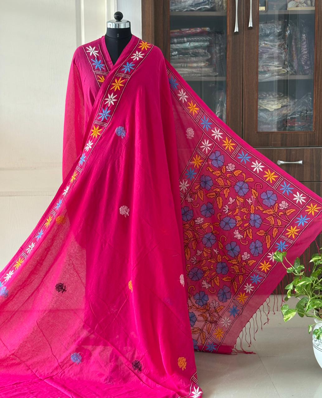 Kantha stitch Hand Embroidered Pure mul Cotton Saree
