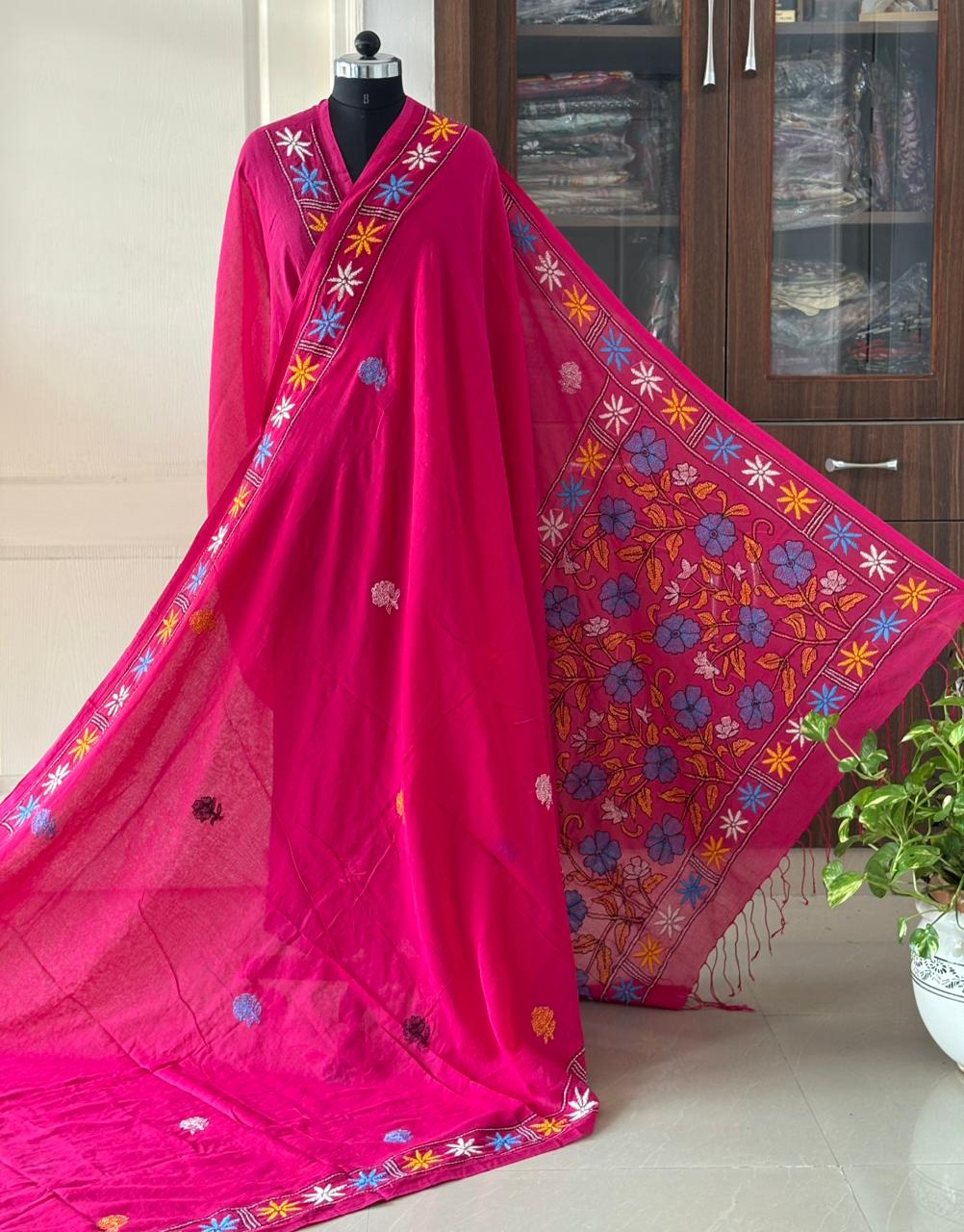 Kantha stitch Hand Embroidered Pure mul Cotton Saree