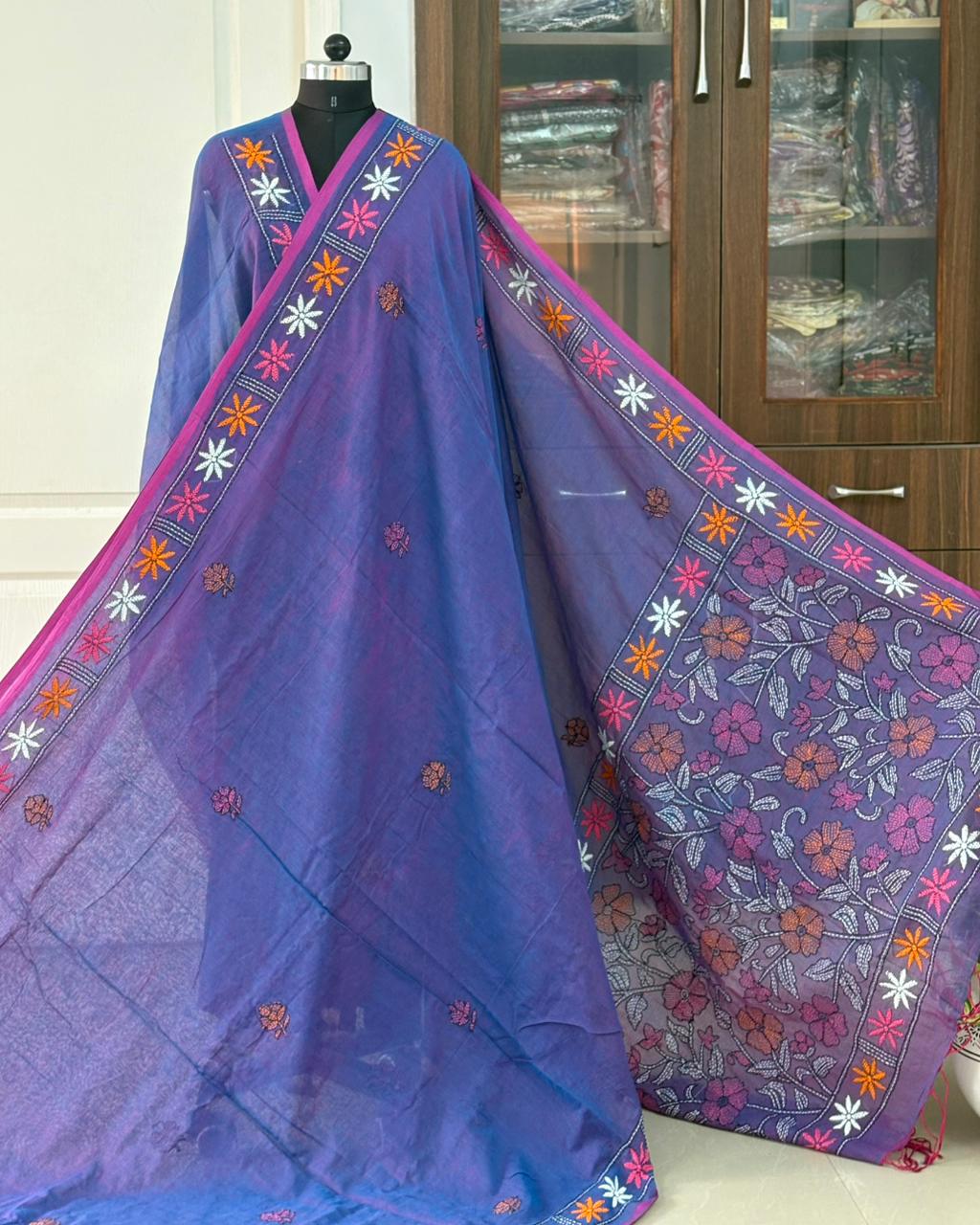 Kantha stitch Hand Embroidered Pure mul Cotton Saree
