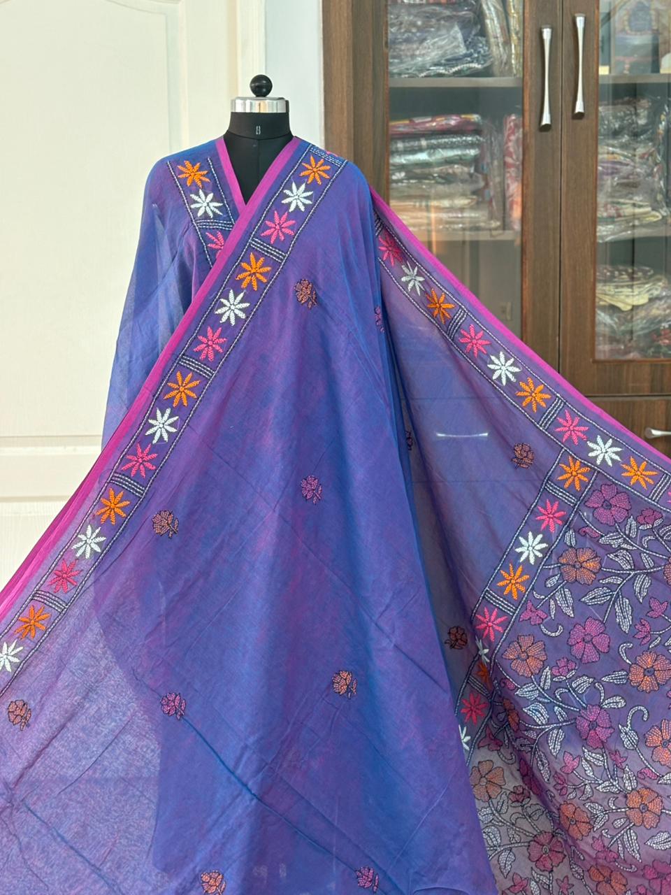 Kantha stitch Hand Embroidered Pure mul Cotton Saree