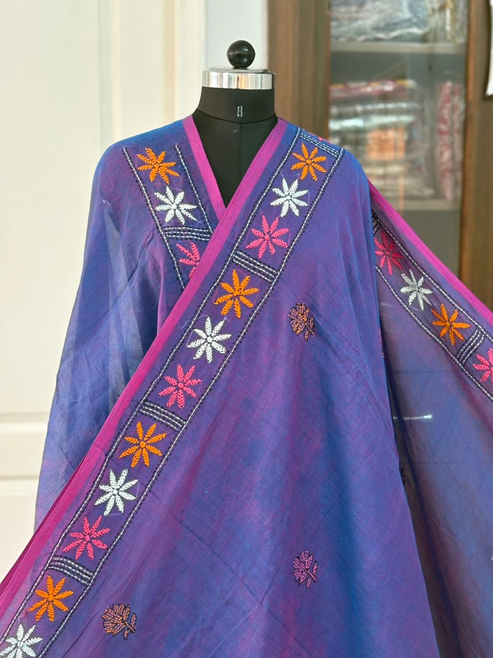 Kantha stitch Hand Embroidered Pure mul Cotton Saree