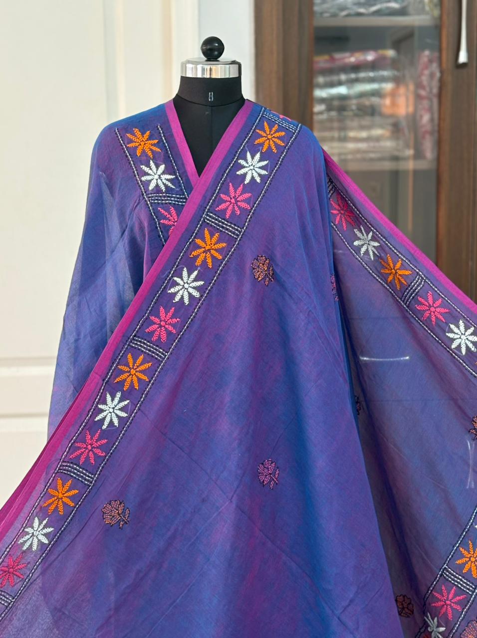 Kantha stitch Hand Embroidered Pure mul Cotton Saree