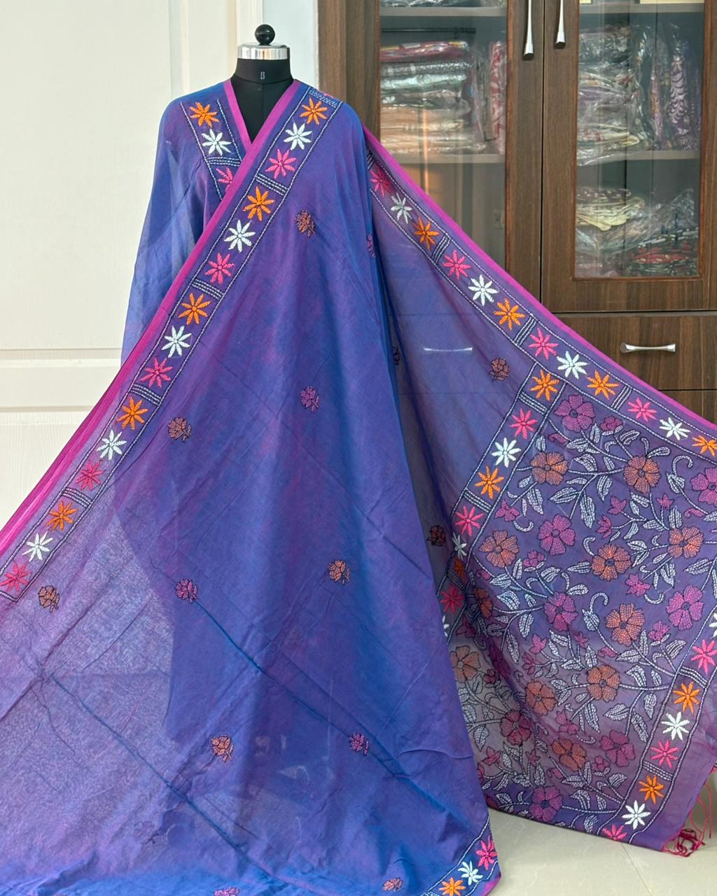Kantha stitch Hand Embroidered Pure mul Cotton Saree