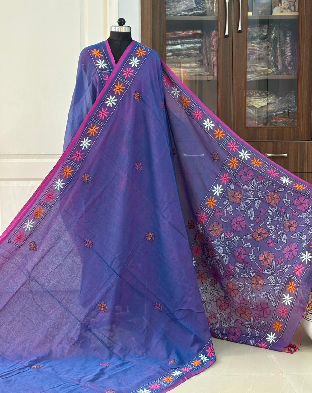 Kantha stitch Hand Embroidered Pure mul Cotton Saree