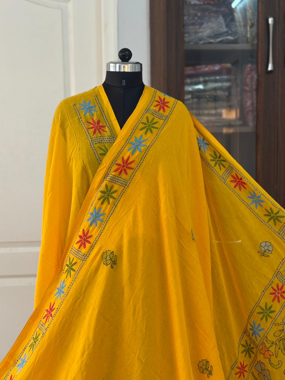 Kantha stitch Hand Embroidered Pure mul Cotton Saree