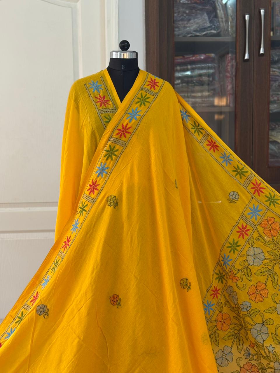 Kantha stitch Hand Embroidered Pure mul Cotton Saree
