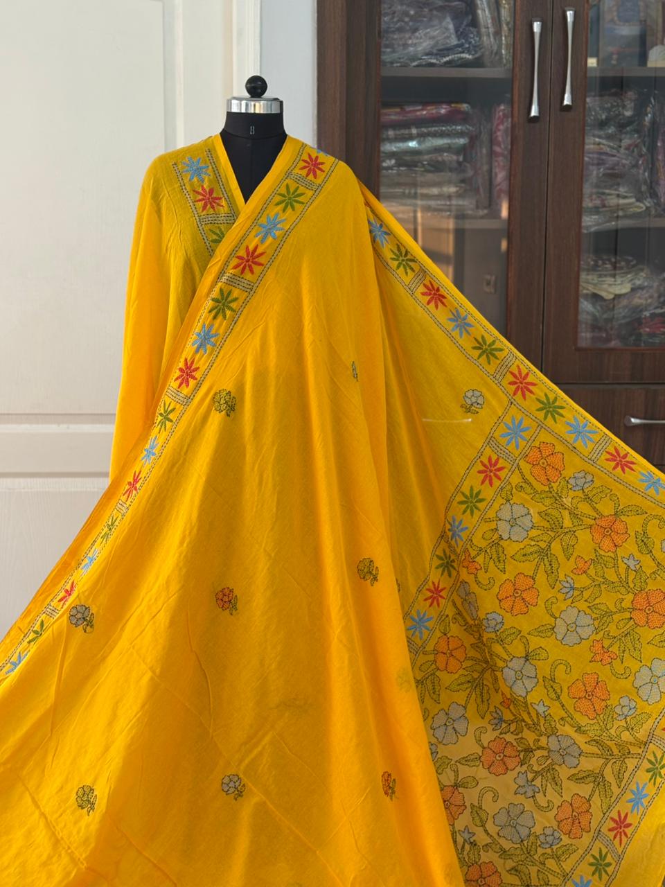 Kantha stitch Hand Embroidered Pure mul Cotton Saree