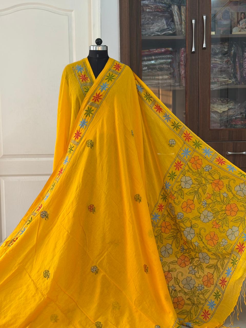 Kantha stitch Hand Embroidered Pure mul Cotton Saree