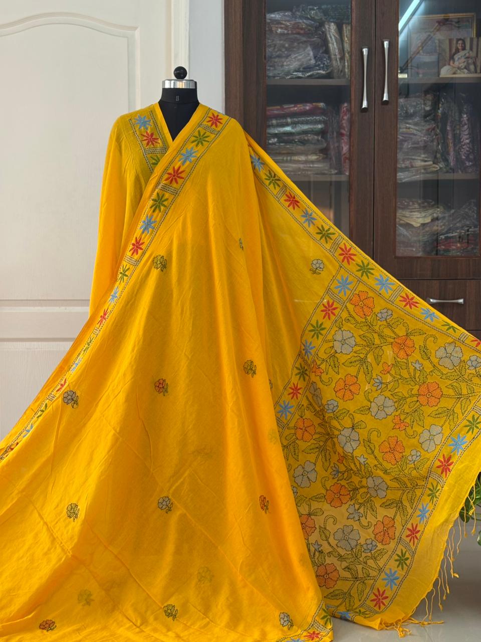 Kantha stitch Hand Embroidered Pure mul Cotton Saree