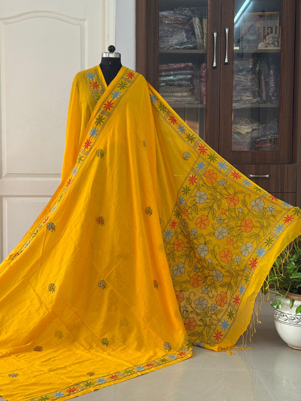 Kantha stitch Hand Embroidered Pure mul Cotton Saree