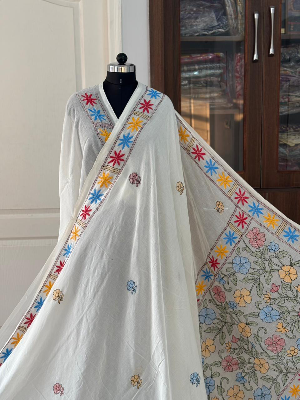 Kantha stitch Hand Embroidered Pure mul Cotton Saree