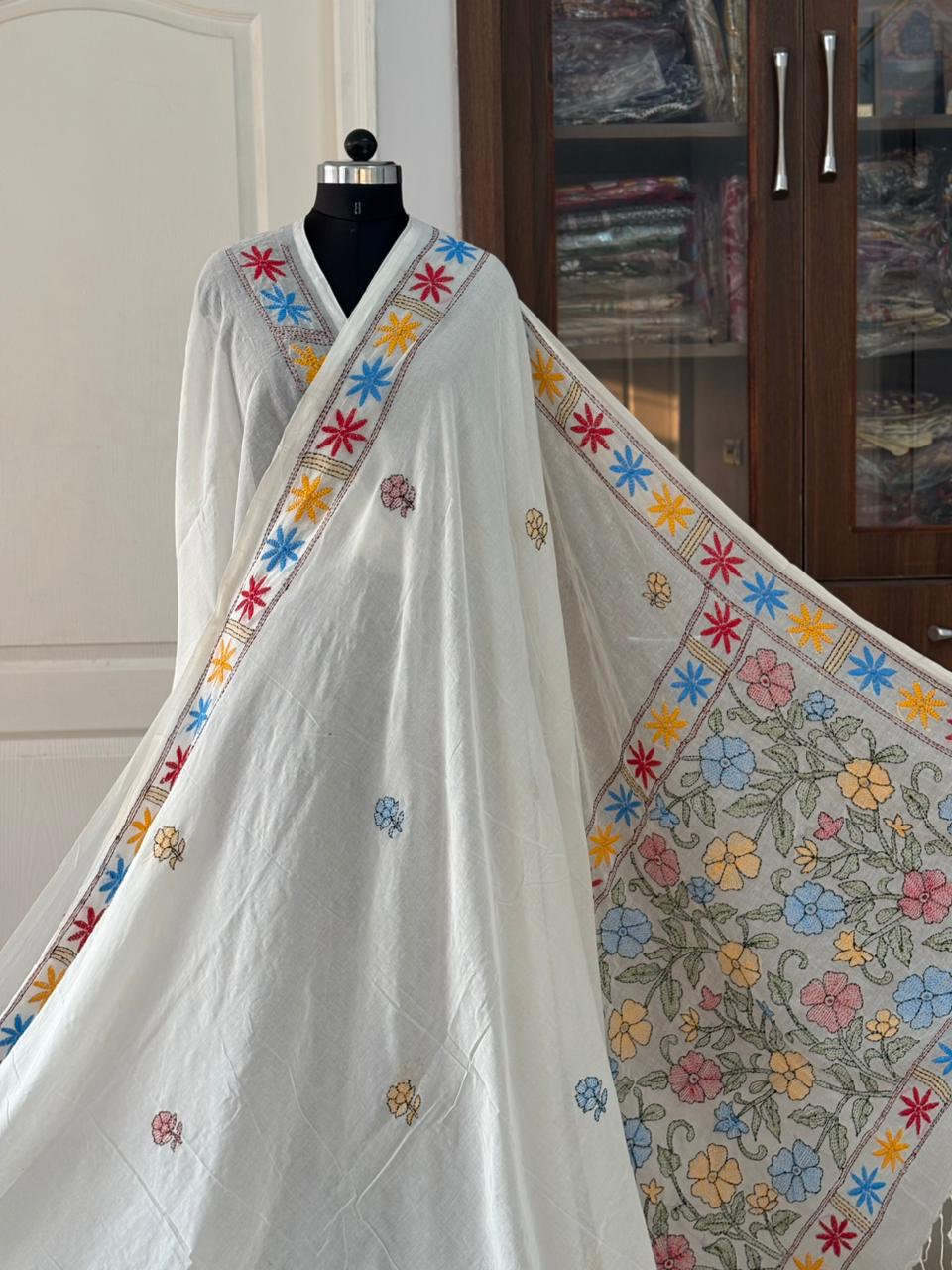 Kantha stitch Hand Embroidered Pure mul Cotton Saree