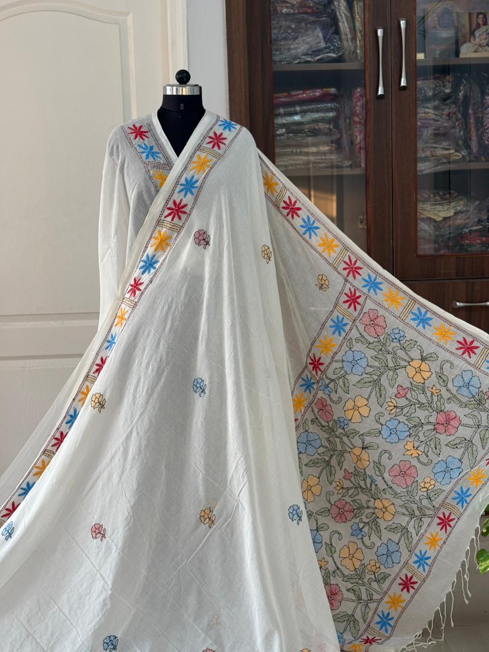 Kantha stitch Hand Embroidered Pure mul Cotton Saree