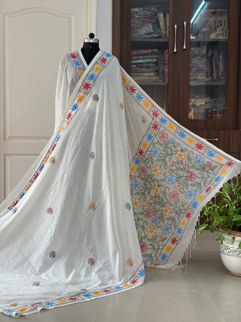 Kantha stitch Hand Embroidered Pure mul Cotton Saree