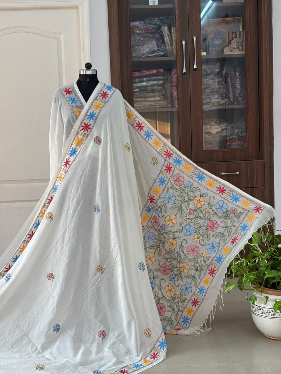Kantha stitch Hand Embroidered Pure mul Cotton Saree