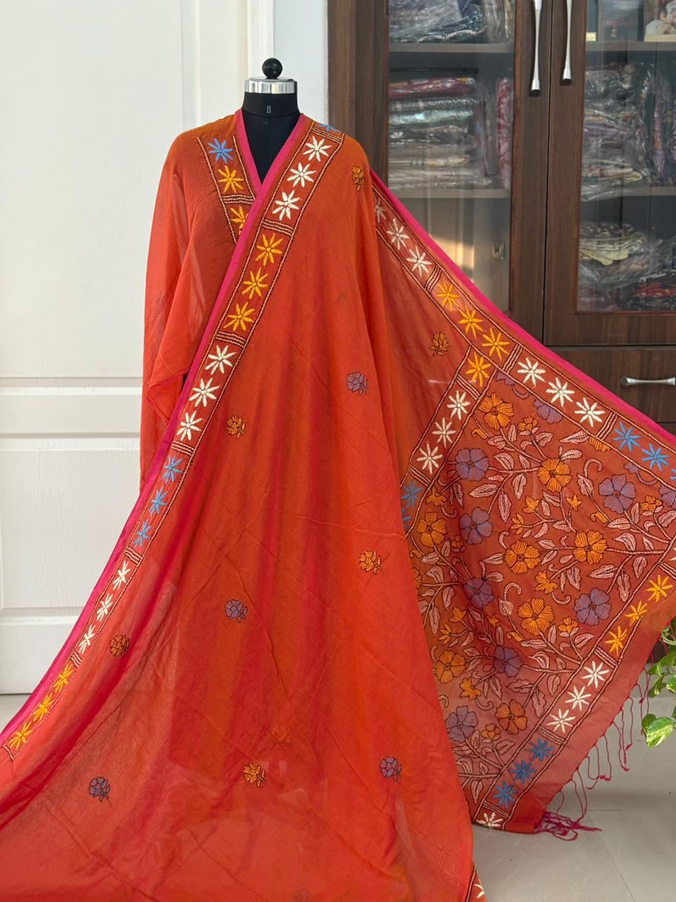 Kantha stitch Hand Embroidered Pure mul Cotton Saree