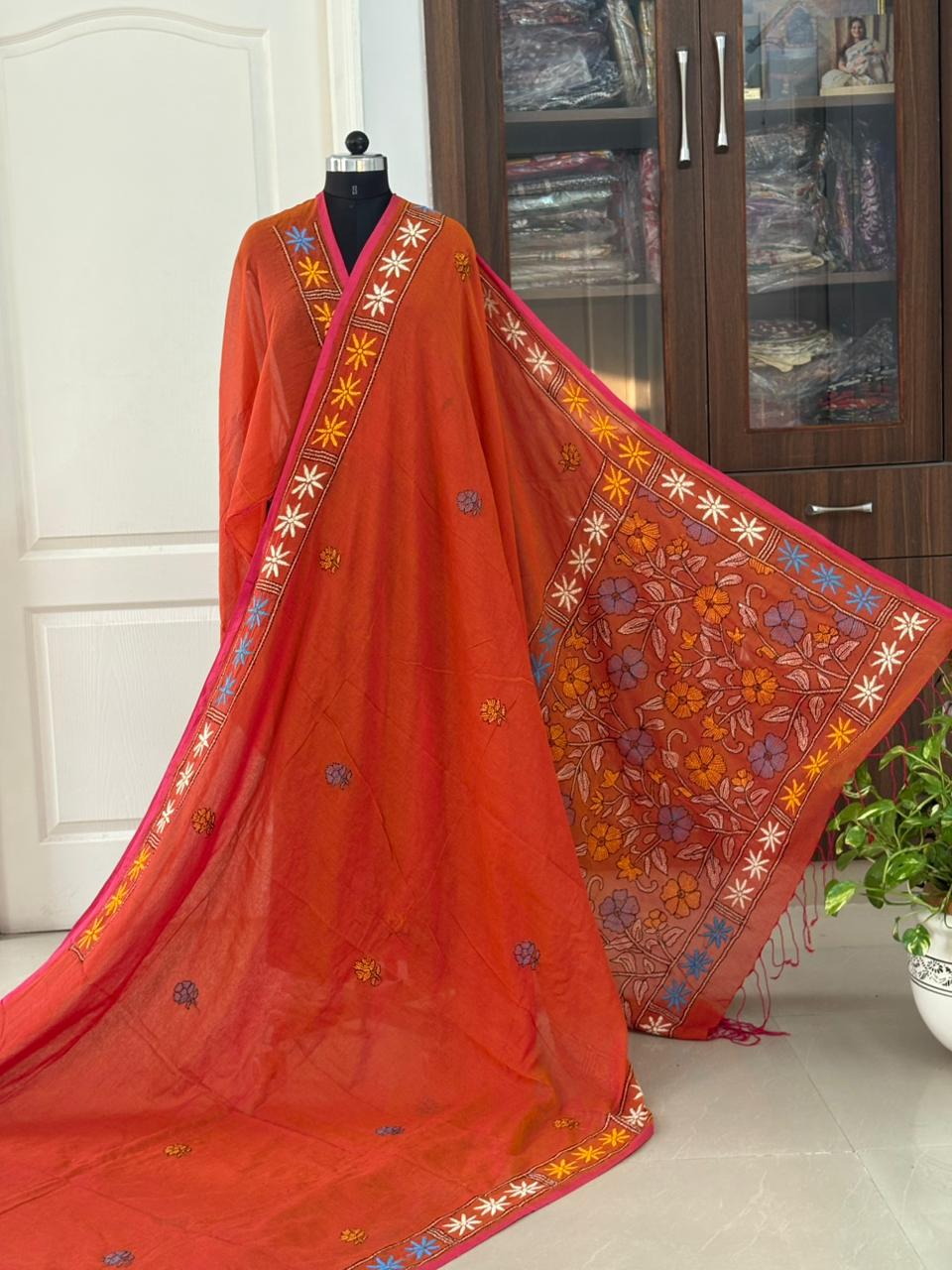 Kantha stitch Hand Embroidered Pure mul Cotton Saree