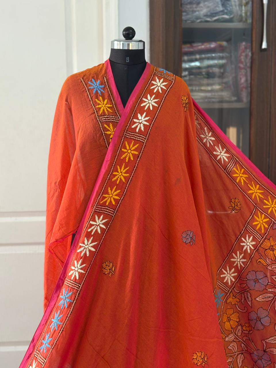 Kantha stitch Hand Embroidered Pure mul Cotton Saree
